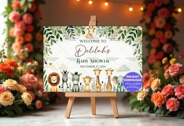 Animal-themed Baby Shower Welcome Banner with Greenery and Cute Animal Illustrations on a Soft White Background Mockup