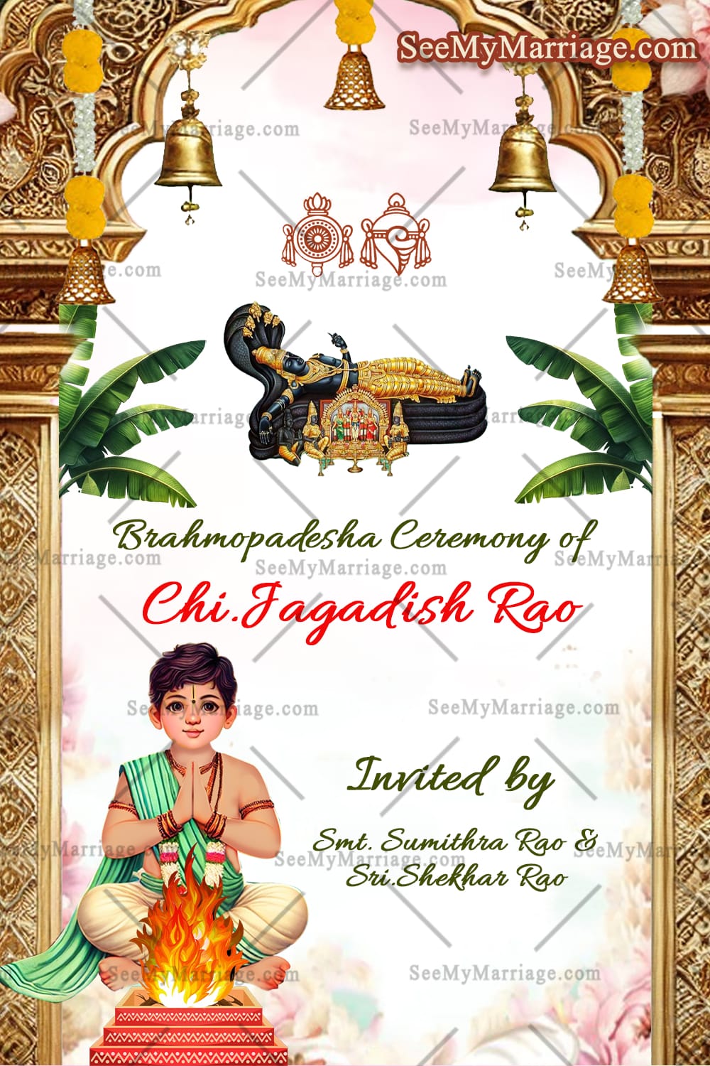 Traditional Brahmopadesha Invitation Card With Family Illustration 