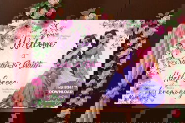 Floral Pink Half Saree Ceremony Welcome Banner Featuring Illustrated Sisters in Traditional Attire
