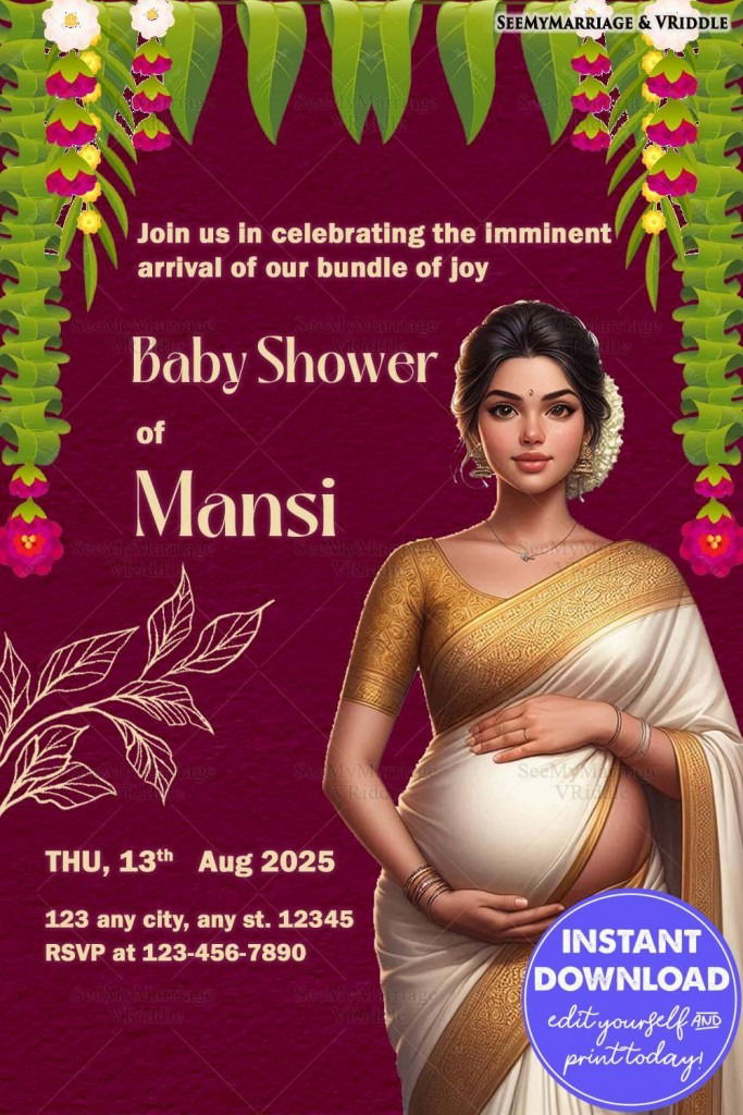 Kerala Baby Shower Invitation Featuring An Expecting Mother 