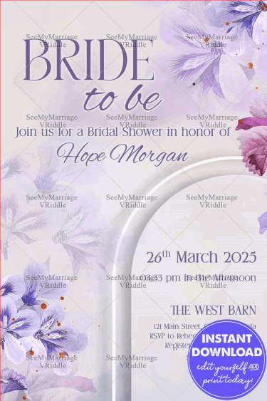 Soft Purple-Themed Bridal Shower Invitation with Floral Illustrations and a Minimalistic White Background