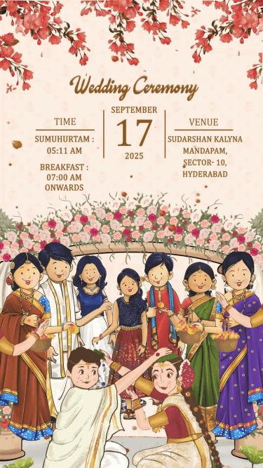South Indian Wedding Invitation Video with Joyful Family Illustrations
