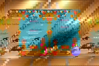 Floral Half Saree and Dhoti Function Invitation and Welcome Poster Bright Teal Background and Cultural Illustrations
