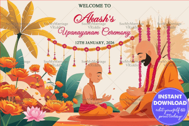 Orange-Themed Upanayanam Welcome Banner Lotus Blooms, Banana Trees and Sacred Priest-Boy Ritual Scene