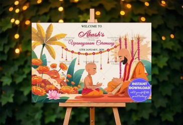Orange-Themed Upanayanam Welcome Banner Lotus Blooms, Banana Trees and Sacred Priest-Boy Ritual Scene Mockup