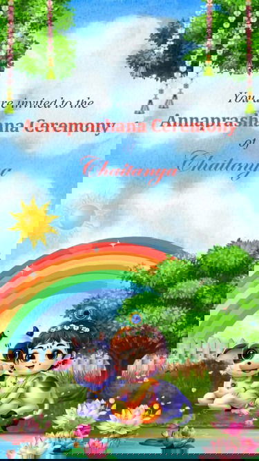 Baby Krishna Theme Annaprashana Ceremony Video with Sitting Beside a Cute Calf, Rainbow and Pond, Pink Lotus