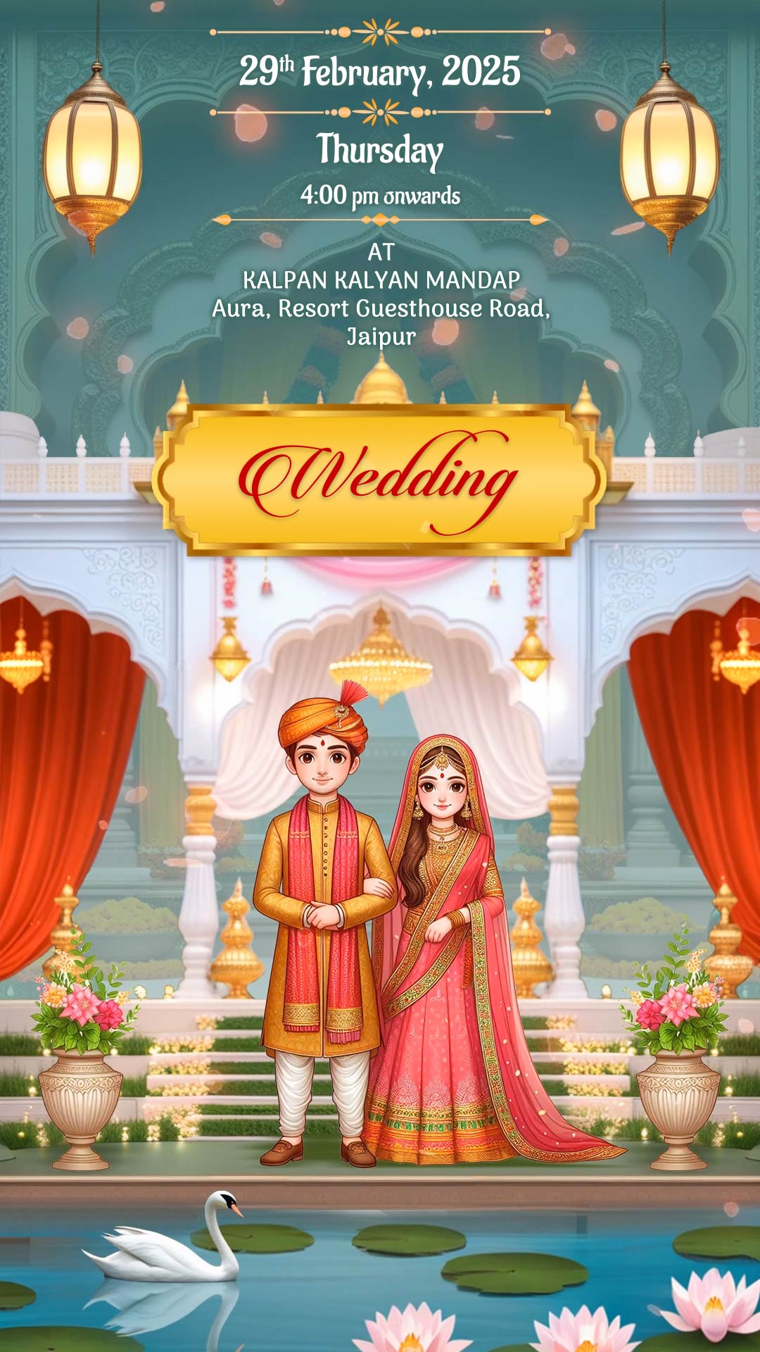 Lotus Pond and Golden Ganesha Wedding Invitation Video with Floral Arch and Reception, Save The Date