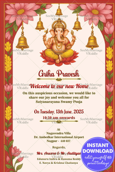 Griha Pravesh Invitation Card with Ganesh and Lotus Elegance in Red and White Background