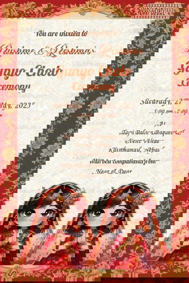 Nepali Traditional Red Theme Invitation for Gunyo Cholo Ceremony Twin Sisters with Cute Girl Illustrations