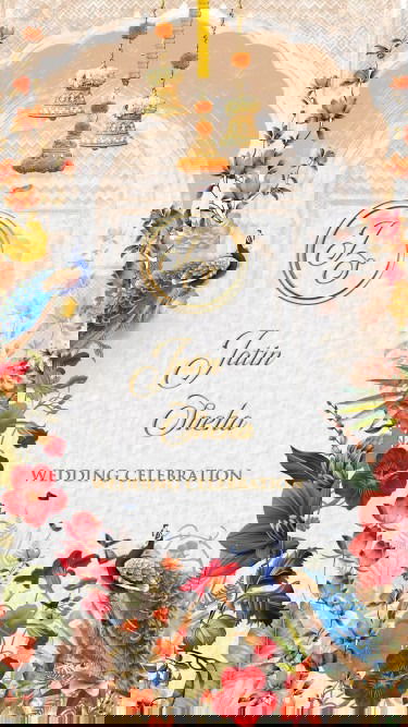 Peacock Garden Wedding Invitation Video with Couple Caricatures, Gold Monogram and Haldi, Mehendi, Sangeet