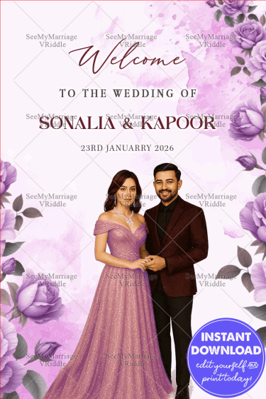 Welcome Sign Board for Wedding with Couple Caricature Illustration in Lavender Floral Theme