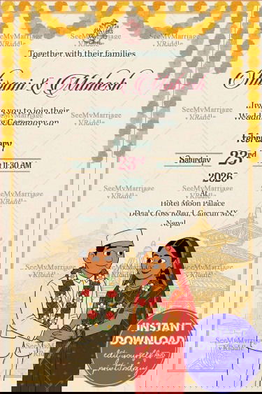 Temple Background Nepali Wedding Invitation Card with Illustrated Couple and Cultural Elements
