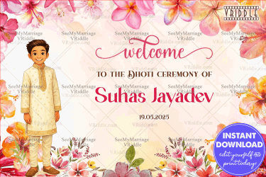 Dhoti Ceremony Welcome Sign Board with Cute Boy Illustration in Simple Yellow And Peach Floral Theme