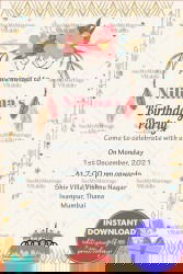 Boho Florals Girl’s Birthday Party Invitation with Feathers and Cake Design