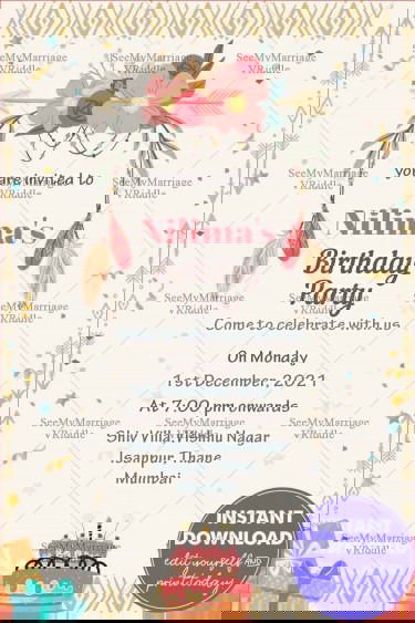 Boho Florals Girl’s Birthday Party Invitation with Feathers and Cake Design