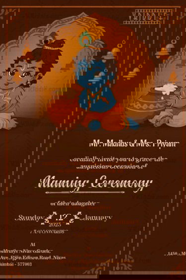 A Divine Beginning Baby Krishna Themed Naming Ceremony Invitation in Brown Elegance