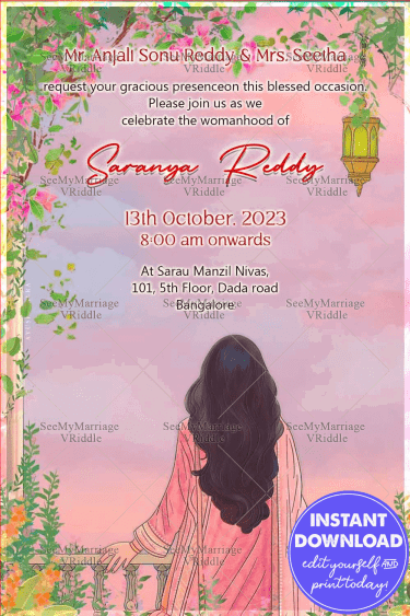 A Modern Half Saree Ceremony Invitation with Floral Balcony Elegance with Girl Illustration