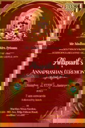 A Sacred Beginning Traditional Annaprashan Invitation Card with Krishna Theme in Regal Red Elegance