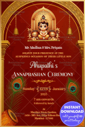 A Sacred Beginning Traditional Annaprashan Invitation Card with Krishna Theme in Regal Red Elegance