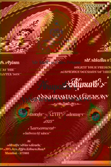 A Sacred Beginning Traditional Annaprashan Invitation Card with Krishna Theme in Regal Red Elegance
