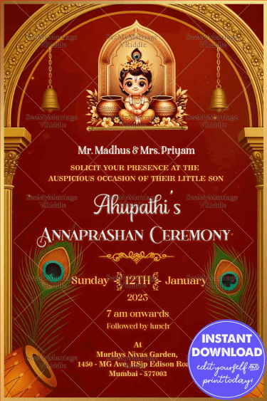 A Sacred Beginning Traditional Annaprashan Invitation Card with Krishna Theme in Regal Red Elegance