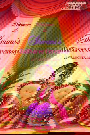 Animated Girl Welcome Sign Boards for Half Saree Ceremony with Ornate Decor, Sofa and Drapes