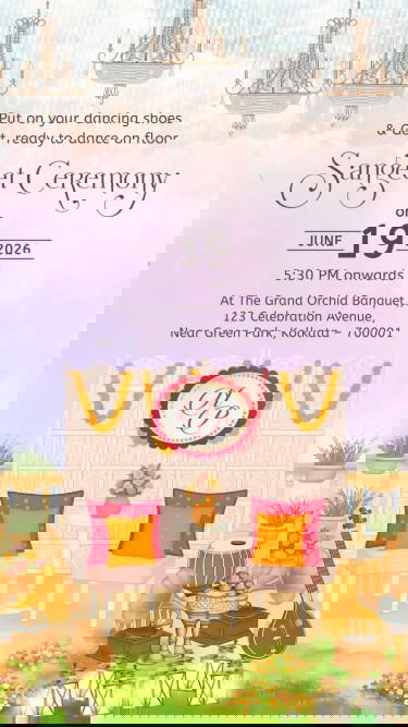 Artistic Sangeet Invitation video with Featuring Indian Instruments and Dancing Theme Elements, Vintage, Floral Decor