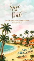 Beach Resort Theme Wedding Save the Date video with Destination, Ocean View and Palm Trees