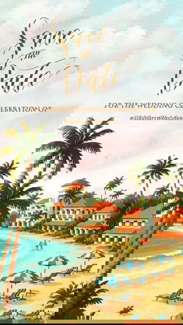 Beach Resort Theme Wedding Save the Date video with Destination, Ocean View and Palm Trees
