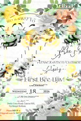 Bee Theme First Birthday Invitation with Leafy Greenery and Blush Blooms