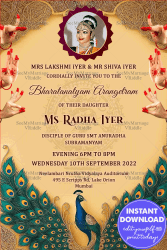 Bharatanatyam Arangetram Invitation Featuring Graceful Mudras and Royal Peacock Illustration on a Cream Bg with Add Image Option
