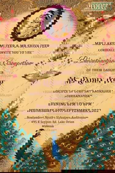Bharatanatyam Arangetram Invitation Featuring Graceful Mudras and Royal Peacock Illustration on a Cream Bg with Add Image Option