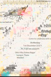 Boho Florals Girl’s Birthday Party Invitation with Feathers and Cake Design