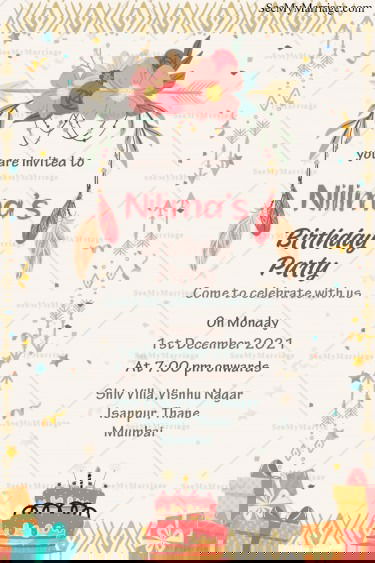 Boho Florals Girl’s Birthday Party Invitation with Feathers and Cake Design