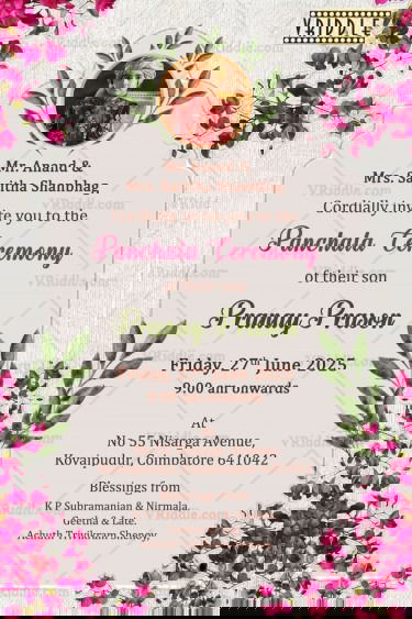 Bougainvillea Floral Theme Dhoti Ceremony Invitation Card with Pink and Add Image Option