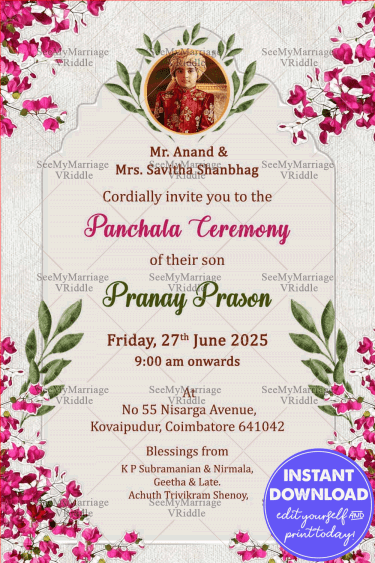 Bougainvillea Floral Theme Dhoti Ceremony Invitation Card with Pink and Add Image Option