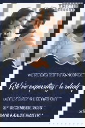 Couple Portrait Pregnancy Announcement with Navy Blue Theme and Baby Arrival Details