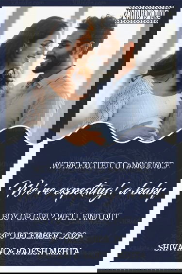 Couple Portrait Pregnancy Announcement with Navy Blue Theme and Baby Arrival Details