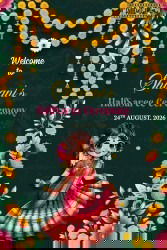 Deep Green Welcome Sign Boards for Half Saree Ceremony with Marigold Garlands