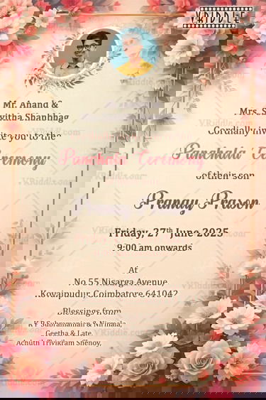 Dhoti Ceremony Invitation Card with Add Image Option in Elegant Pastel Theme Featuring Traditional Boy Illustration and Soft Floral Accents