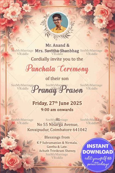 Dhoti Ceremony Invitation Card with Add Image Option in Elegant Pastel Theme Featuring Traditional Boy Illustration and Soft Floral Accents