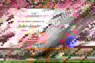Elegant Dhoti Ceremony Welcome Sign Board with Boy Sitting on Sofa Illustration and Rose Floral Theme