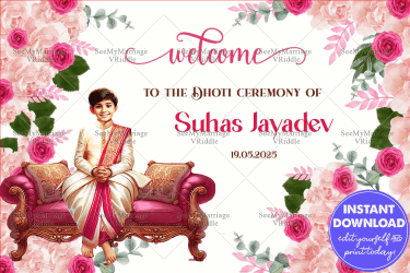 Elegant Dhoti Ceremony Welcome Sign Board with Boy Sitting on Sofa Illustration and Rose Floral Theme
