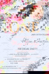 Pink Floral First Birthday Invitation Card with Baby Girl Theme Elegant Design with Add Image Option