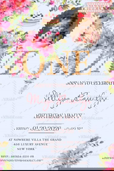 Pink Floral First Birthday Invitation Card with Baby Girl Theme Elegant Design with Add Image Option
