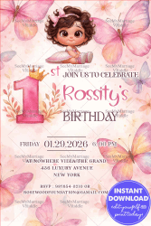 First Birthday Invitation with Watercolor Butterfly Theme Featuring a Cute Baby Girl Illustration in Elegant Pink Tones