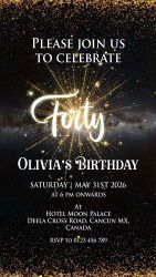 Golden Sparkle 40th Birthday Party Invitation Video with Black Theme