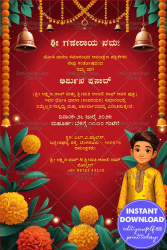 Kannada Dhoti Ceremony Invitation Card with Vibrant Red Background Traditional Marigold Floral Decor and Cute Boy Cartoon Illustration