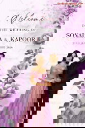 Welcome Sign Board for Wedding with Couple Caricature Illustration in Lavender Floral Theme