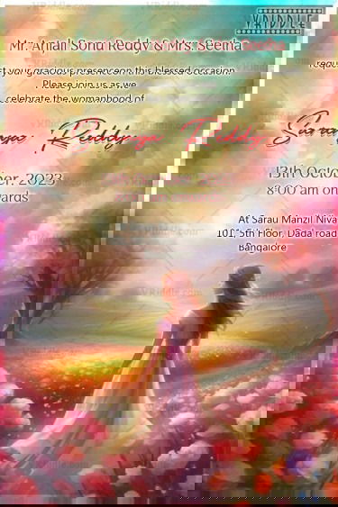 Modern Half Saree Ceremony Invitation with Dreamy Pastel Bloom Elegance with Girl Illustration